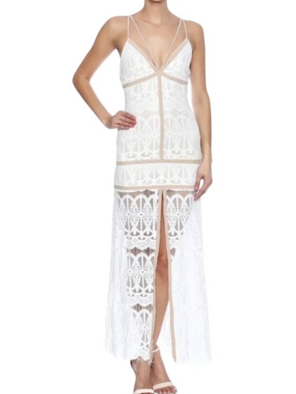 Ecru Split Front Lace Maxi Dress M Cage Spaghetti Straps Prom Beach Wedding
